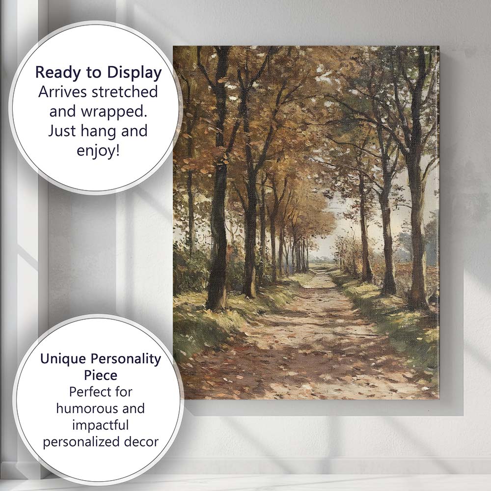 Tree Lined Woodland Path Autumn Forest Landscape Painting Canvas Wall Art Print Decor Picture Ready to Hang
