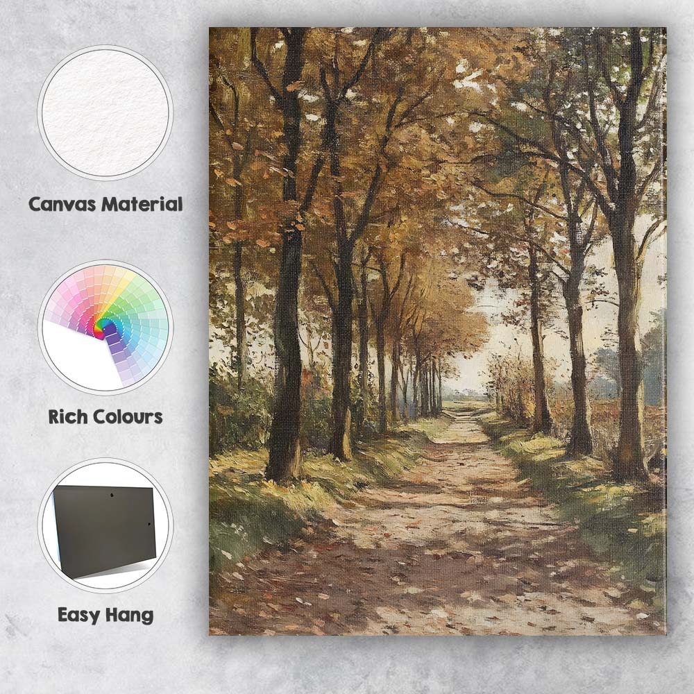 Tree Lined Woodland Path Autumn Forest Landscape Painting Canvas Wall Art Print Decor Picture Ready to Hang