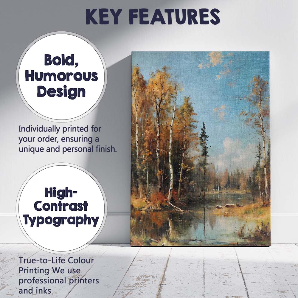 Autumn Birch Trees Woodland Lake Scenic Landscape Canvas Wall Art Print Decor Picture Ready to Hang