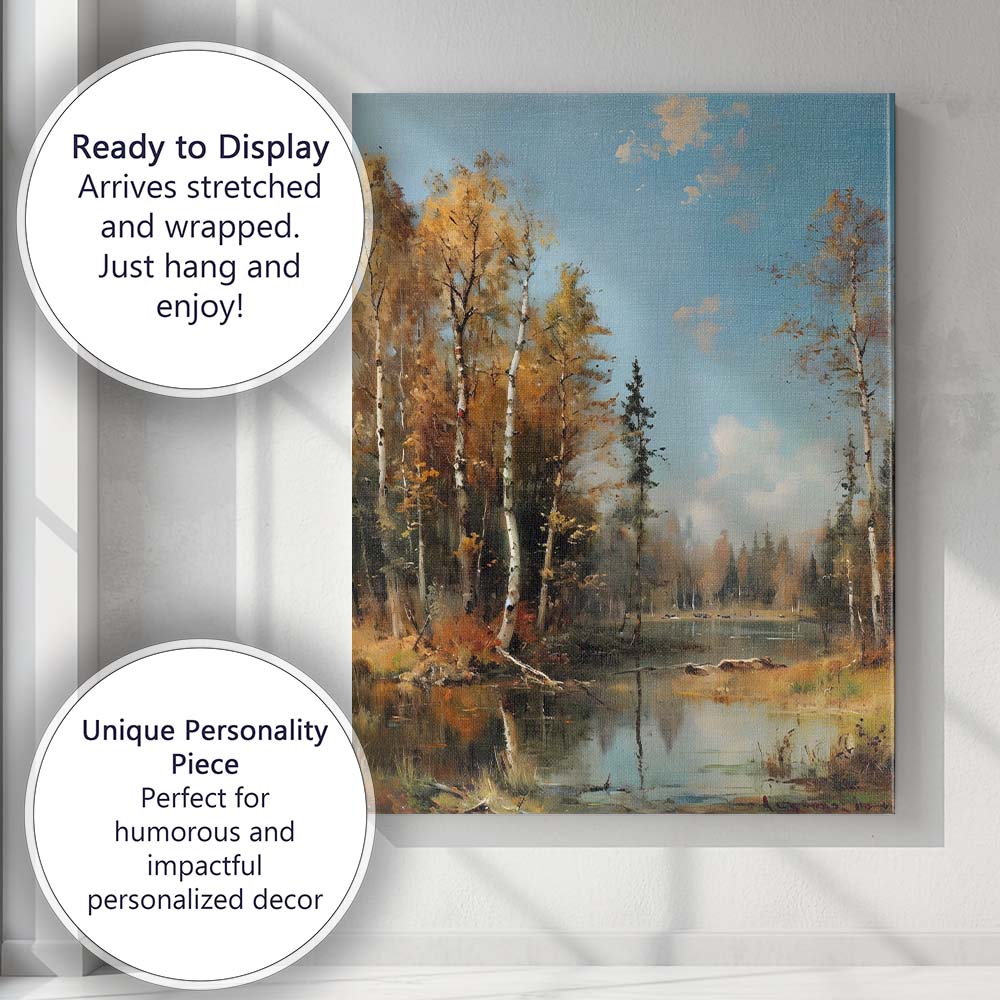 Autumn Birch Trees Woodland Lake Scenic Landscape Canvas Wall Art Print Decor Picture Ready to Hang