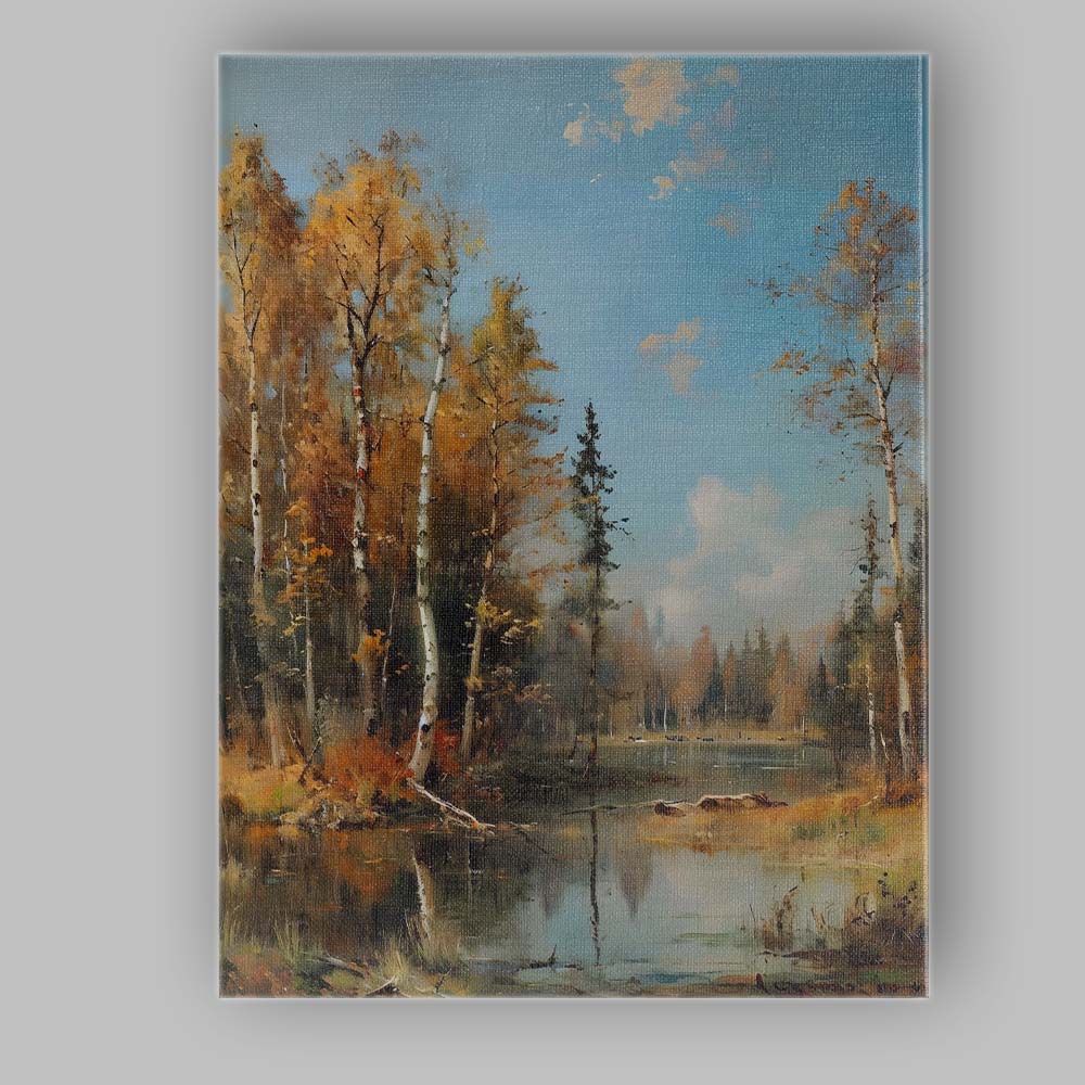 Autumn Birch Trees Woodland Lake Scenic Landscape Canvas Wall Art Print Decor Picture Ready to Hang
