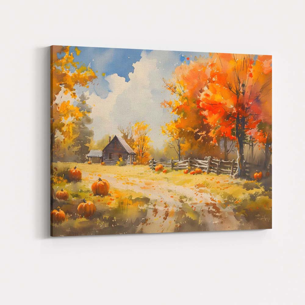 Vibrant Autumn Pumpkin Patch Rustic Farmhouse Watercolour Canvas Wall Art Print Decor Picture Ready to Hang