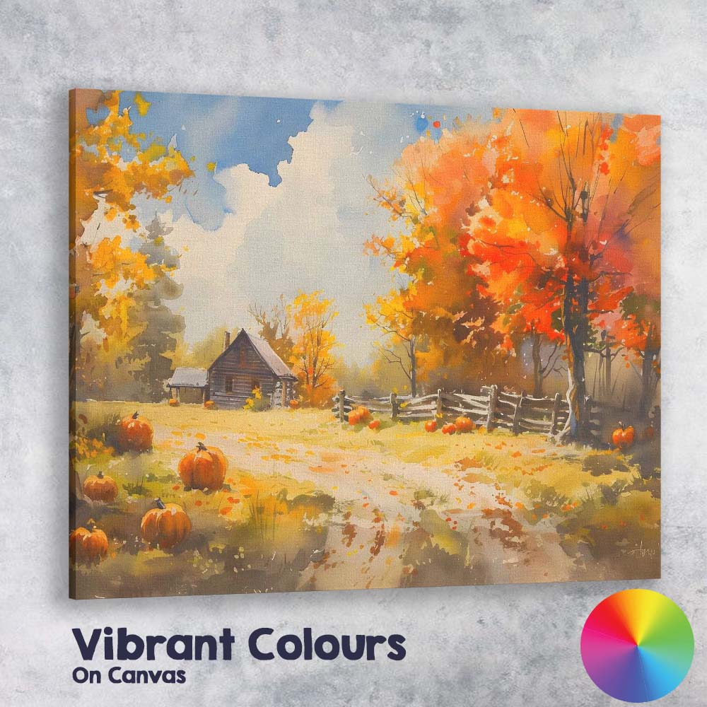 Vibrant Autumn Pumpkin Patch Rustic Farmhouse Watercolour Canvas Wall Art Print Decor Picture Ready to Hang