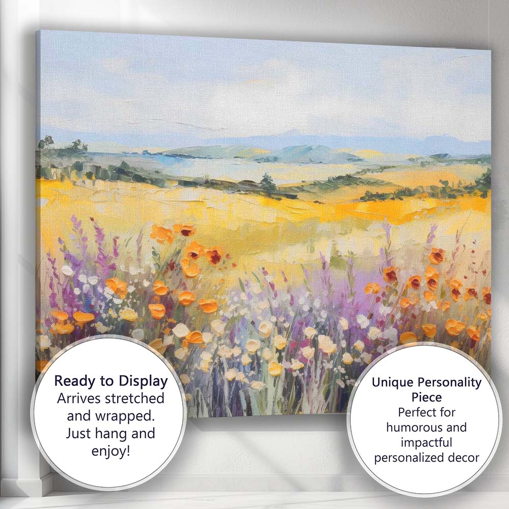 Colourful Wildflower Meadow Rolling Hills Impressionist Landscape Canvas Wall Art Print Decor Picture Ready to Hang