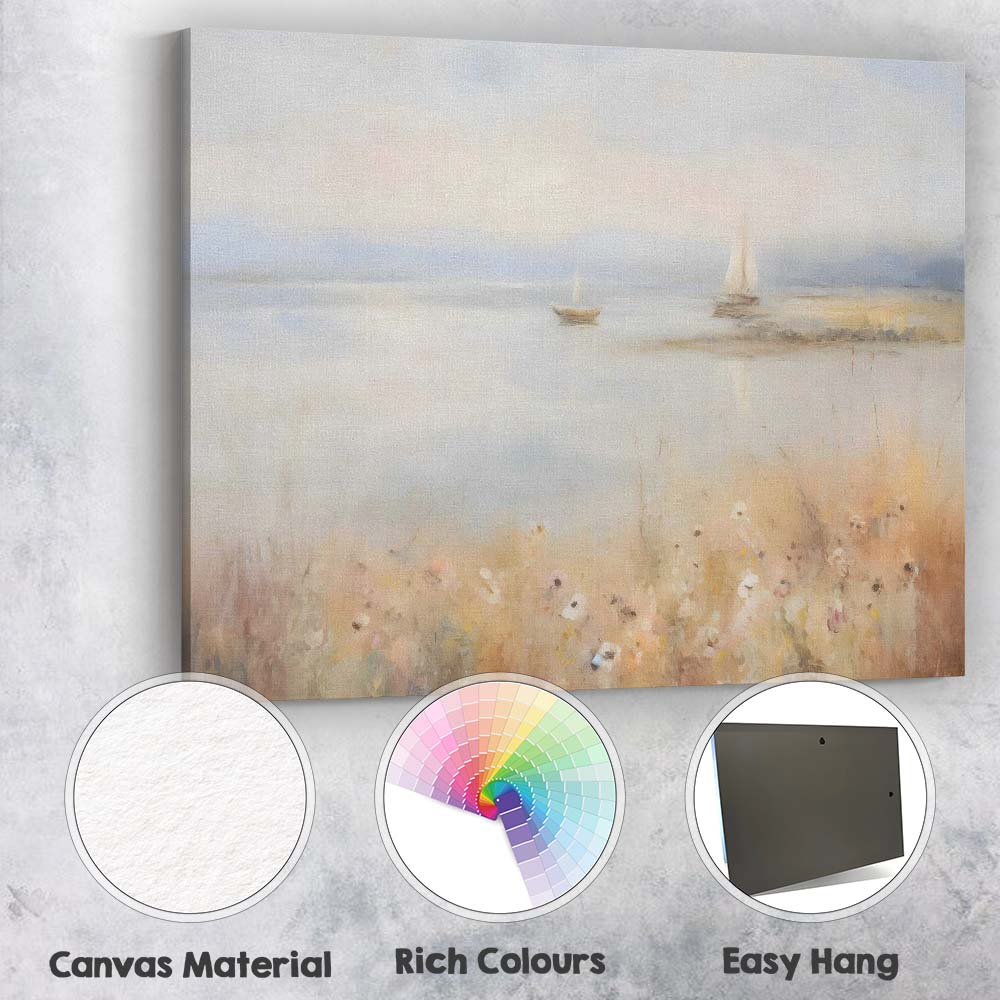 Soft Pastel Coastal Sailboats Misty Seascape Painting Canvas Wall Art Print Decor Picture Ready to Hang