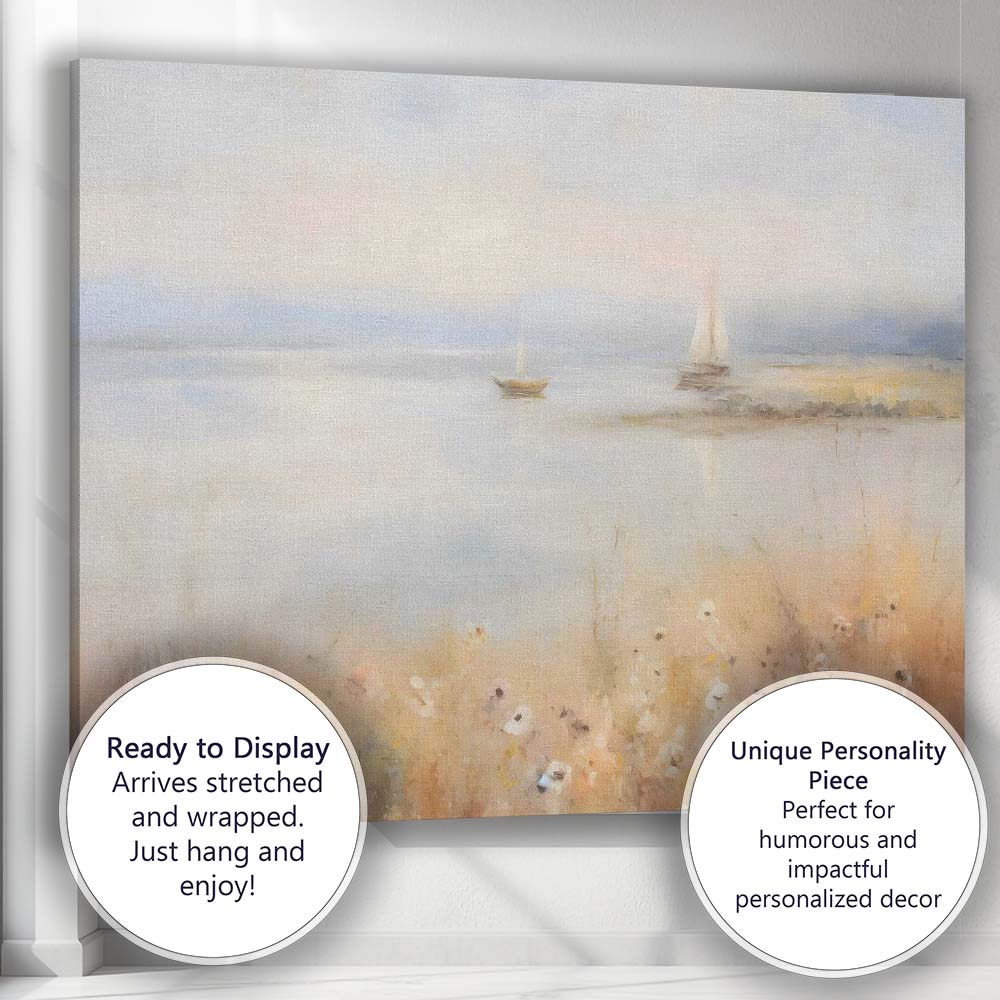 Soft Pastel Coastal Sailboats Misty Seascape Painting Canvas Wall Art Print Decor Picture Ready to Hang