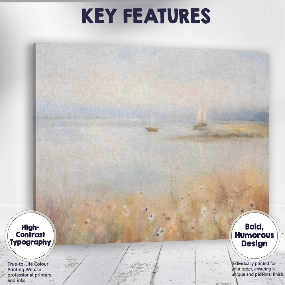 Soft Pastel Coastal Sailboats Misty Seascape Painting Canvas Wall Art Print Decor Picture Ready to Hang