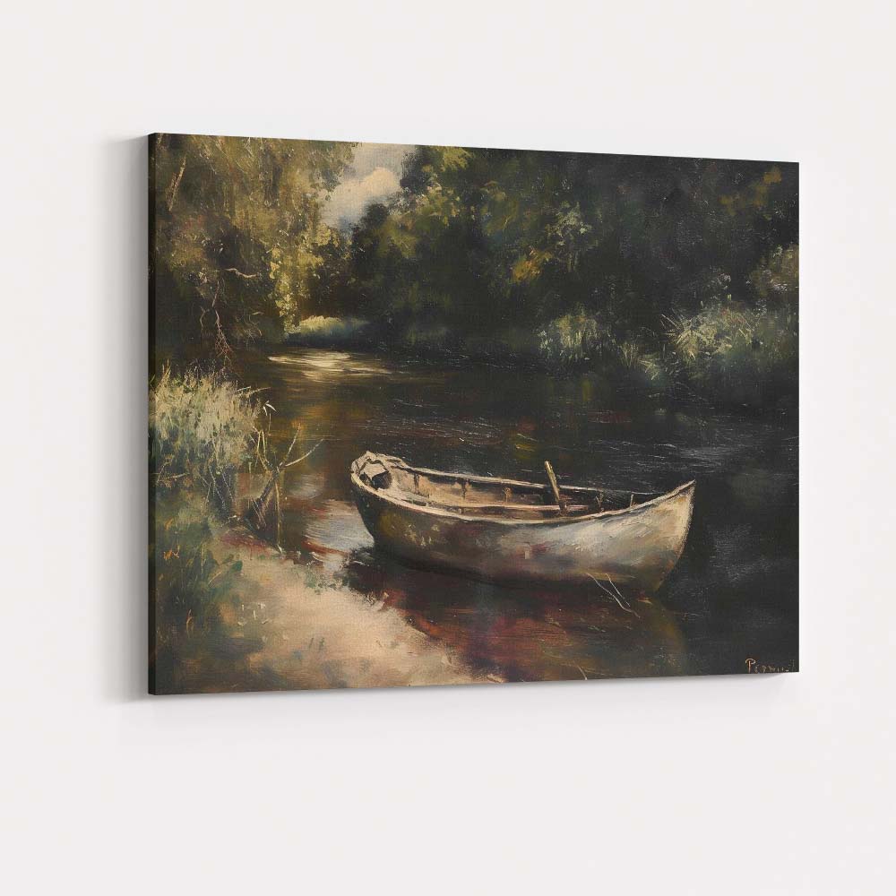 Rustic Woodland River Boat Tranquil Nature Painting Canvas Wall Art Print Decor Picture Ready to Hang
