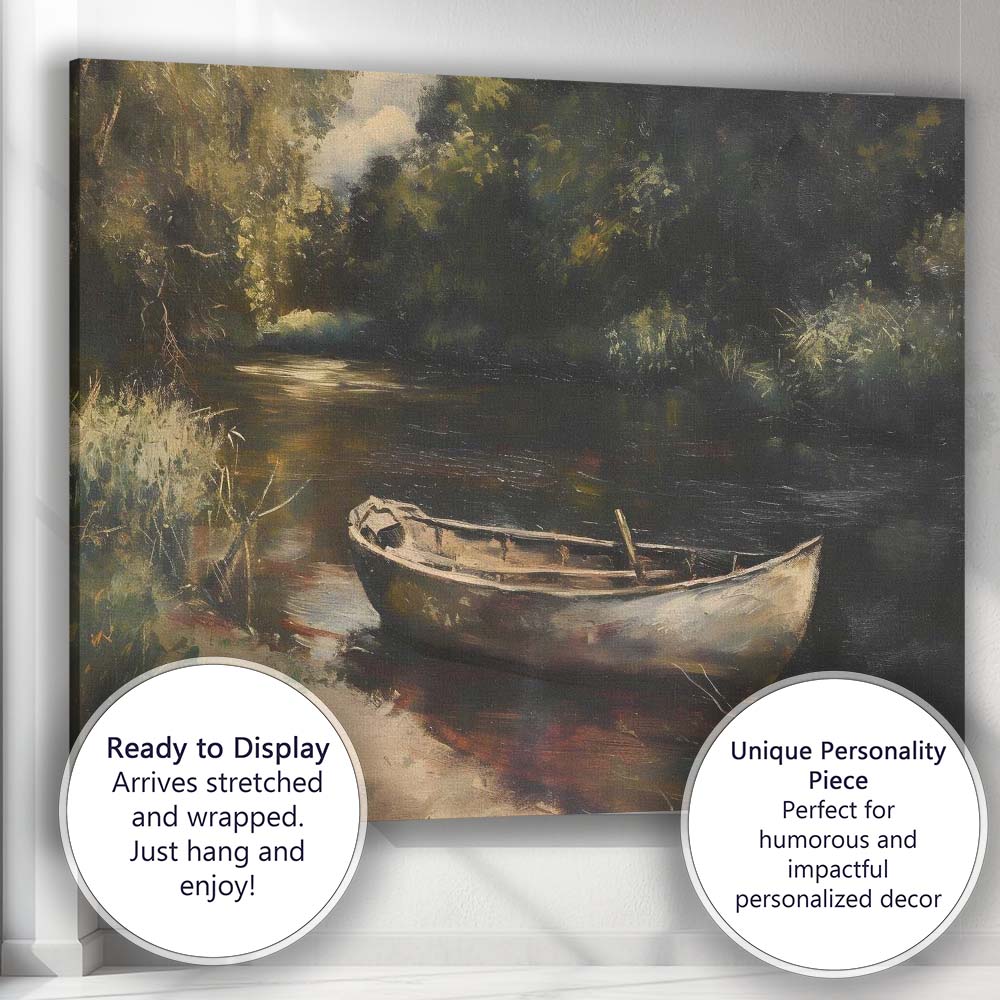 Rustic Woodland River Boat Tranquil Nature Painting Canvas Wall Art Print Decor Picture Ready to Hang