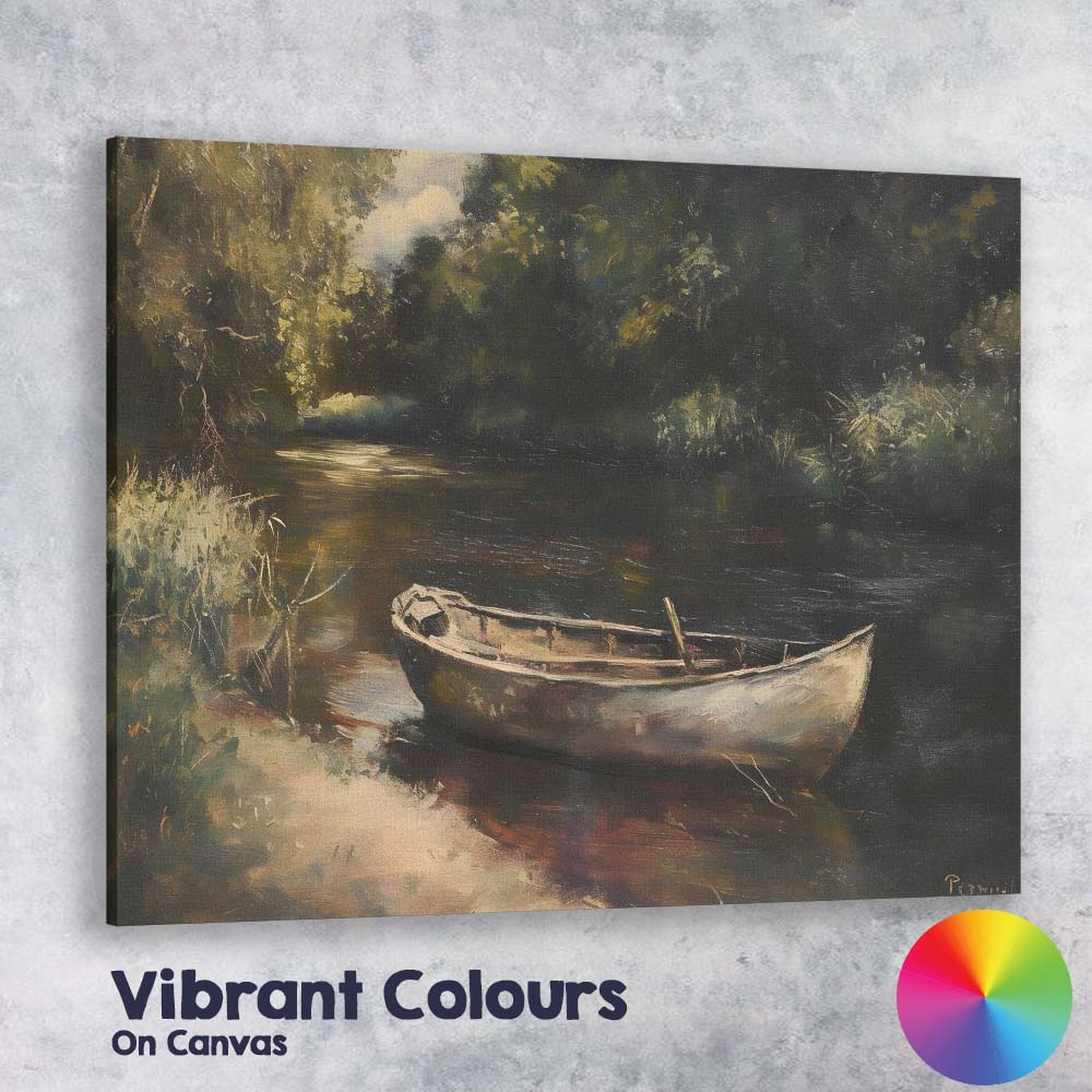 Rustic Woodland River Boat Tranquil Nature Painting Canvas Wall Art Print Decor Picture Ready to Hang