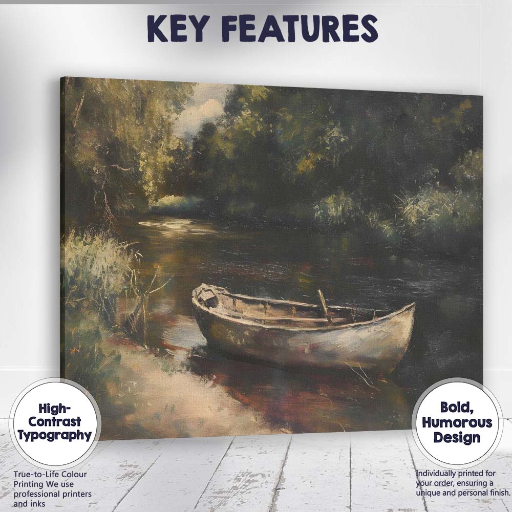 Rustic Woodland River Boat Tranquil Nature Painting Canvas Wall Art Print Decor Picture Ready to Hang
