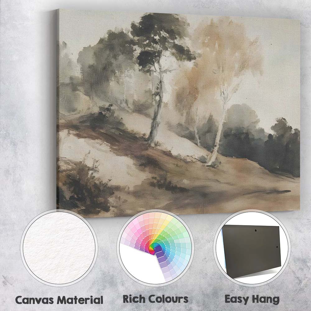 Neutral Misty Woodland Hills Minimalist Landscape Canvas Wall Art Print Decor Picture Ready to Hang