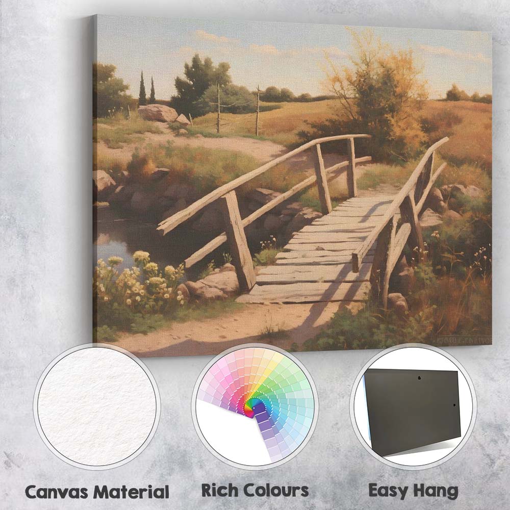 Rustic Country Footbridge Meadow Landscape Painting Canvas Wall Art Print Decor Picture Ready to Hang