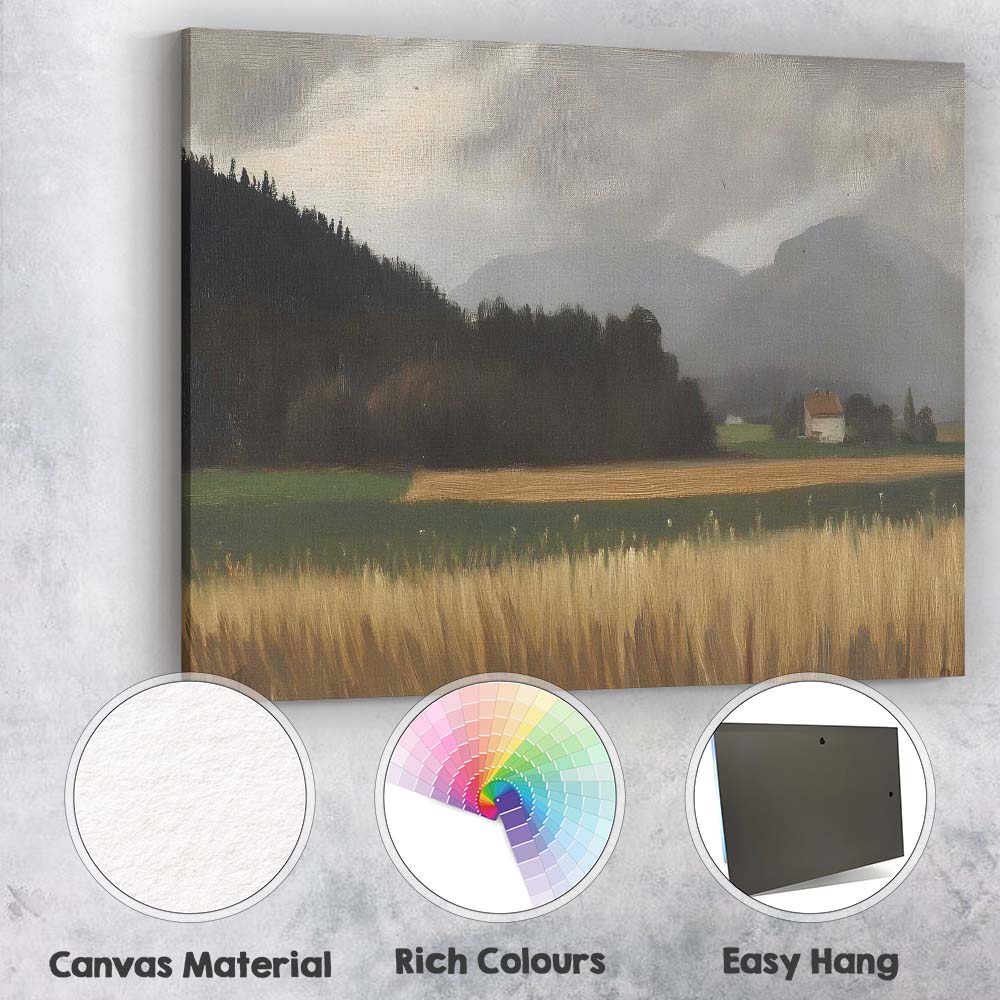 Atmospheric Mountain Farm Golden Field Countryside Landscape Canvas Wall Art Print Decor Picture Ready to Hang