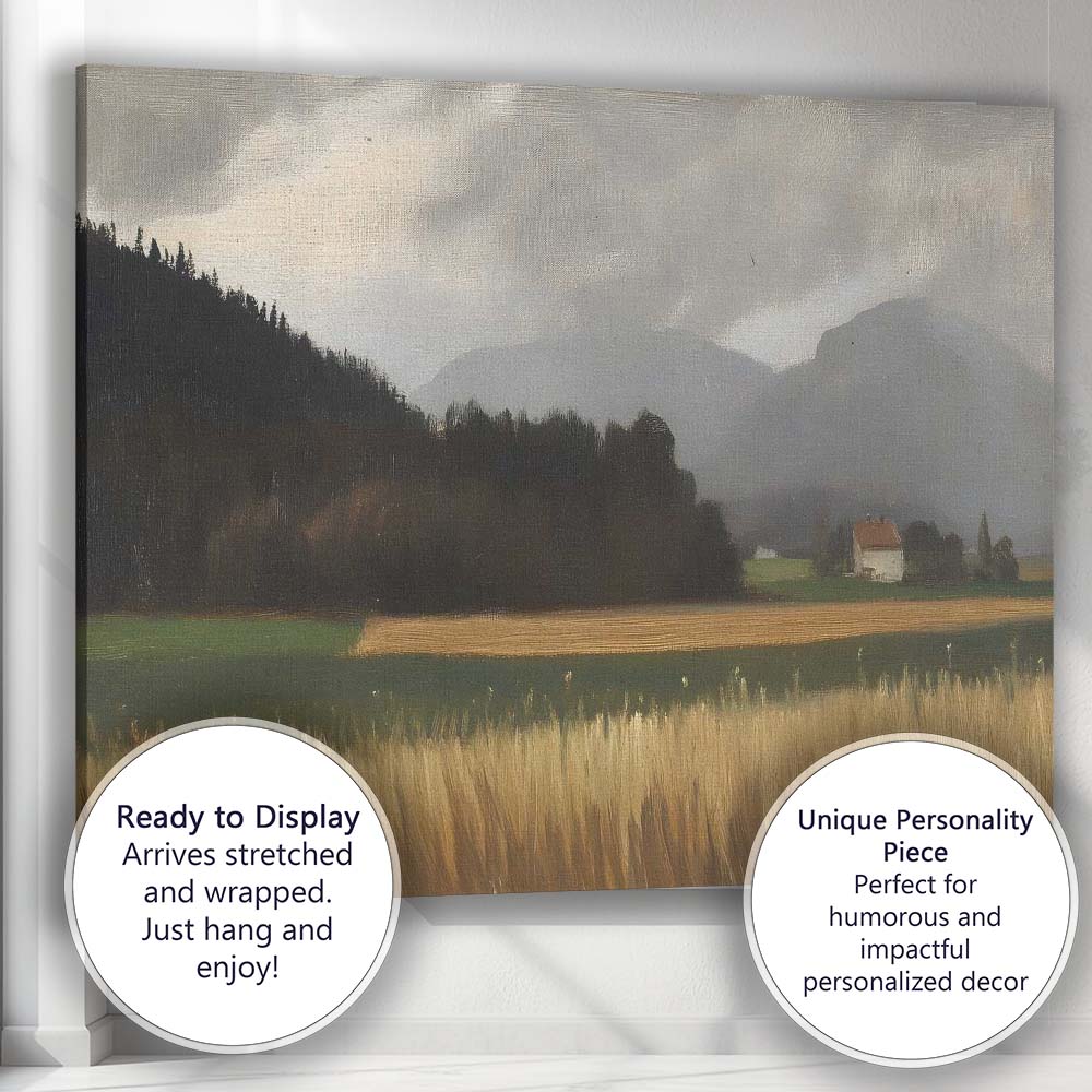 Atmospheric Mountain Farm Golden Field Countryside Landscape Canvas Wall Art Print Decor Picture Ready to Hang