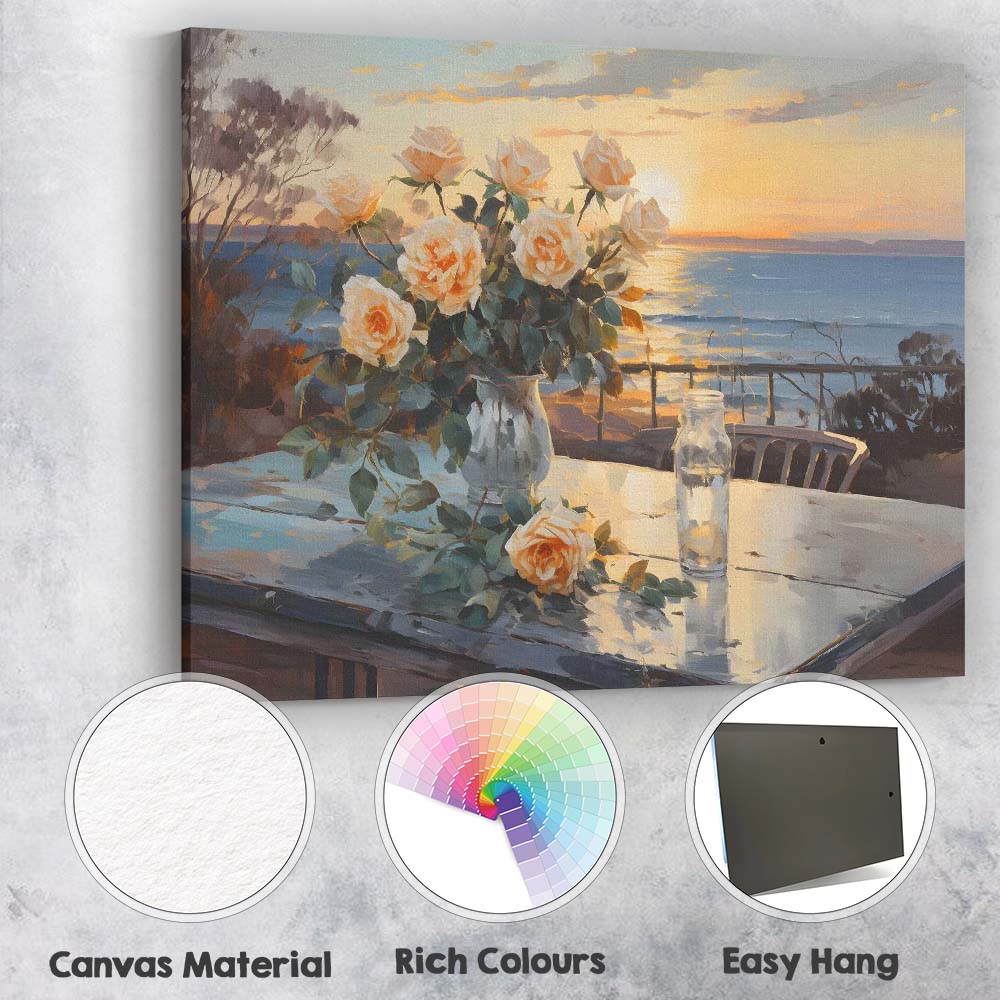 Romantic Rose Bouquet Coastal Sunset Seascape Painting Canvas Wall Art Print Decor Picture Ready to Hang