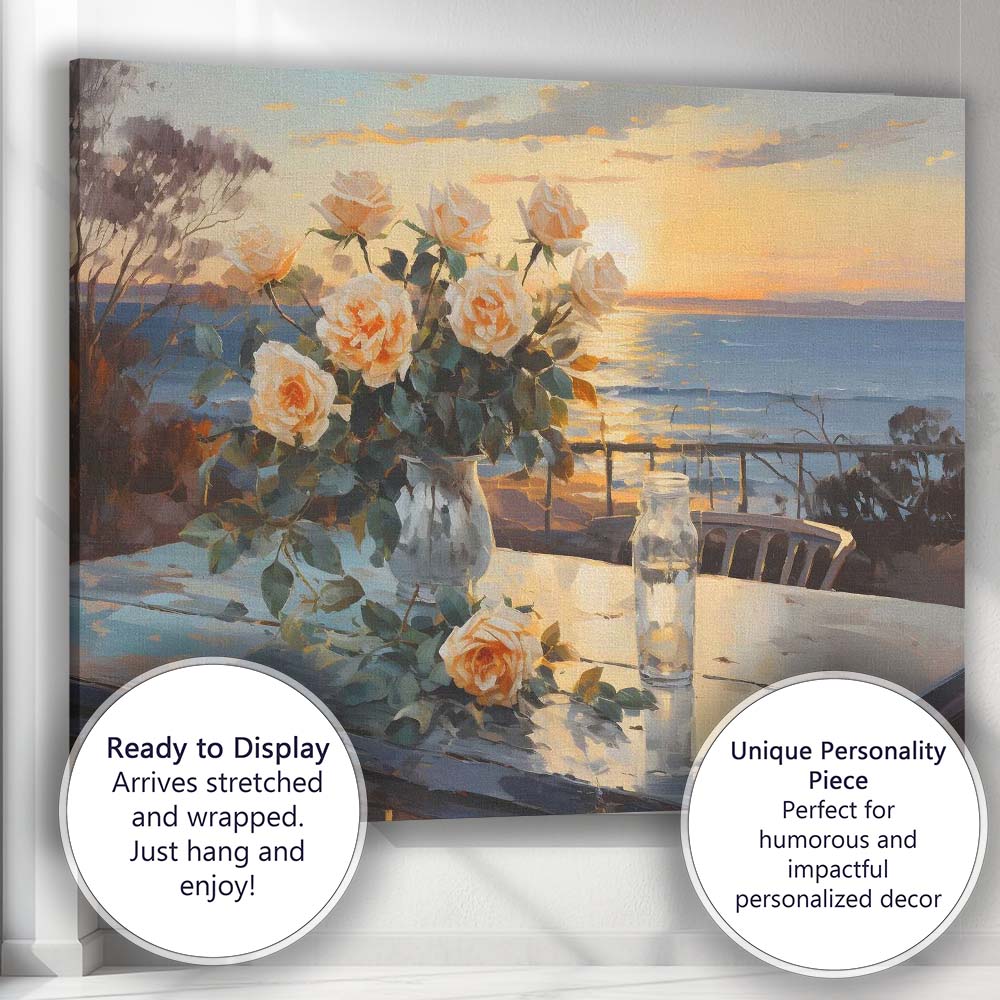 Romantic Rose Bouquet Coastal Sunset Seascape Painting Canvas Wall Art Print Decor Picture Ready to Hang
