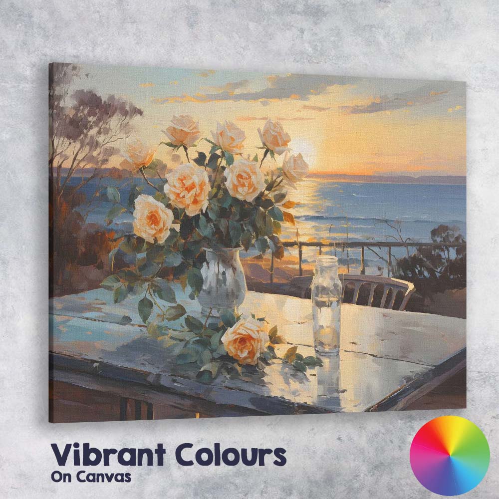 Romantic Rose Bouquet Coastal Sunset Seascape Painting Canvas Wall Art Print Decor Picture Ready to Hang