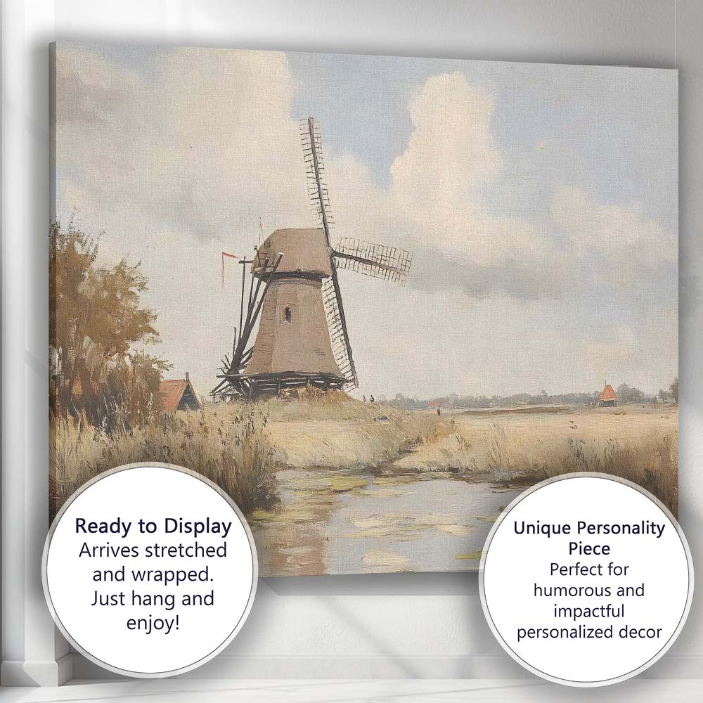 Traditional Dutch Windmill Riverside Countryside Watercolour Canvas Wall Art Print Decor Picture Ready to Hang