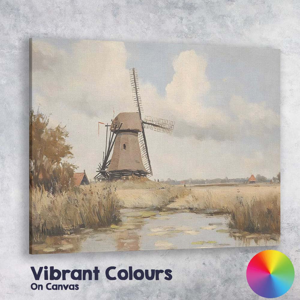 Traditional Dutch Windmill Riverside Countryside Watercolour Canvas Wall Art Print Decor Picture Ready to Hang