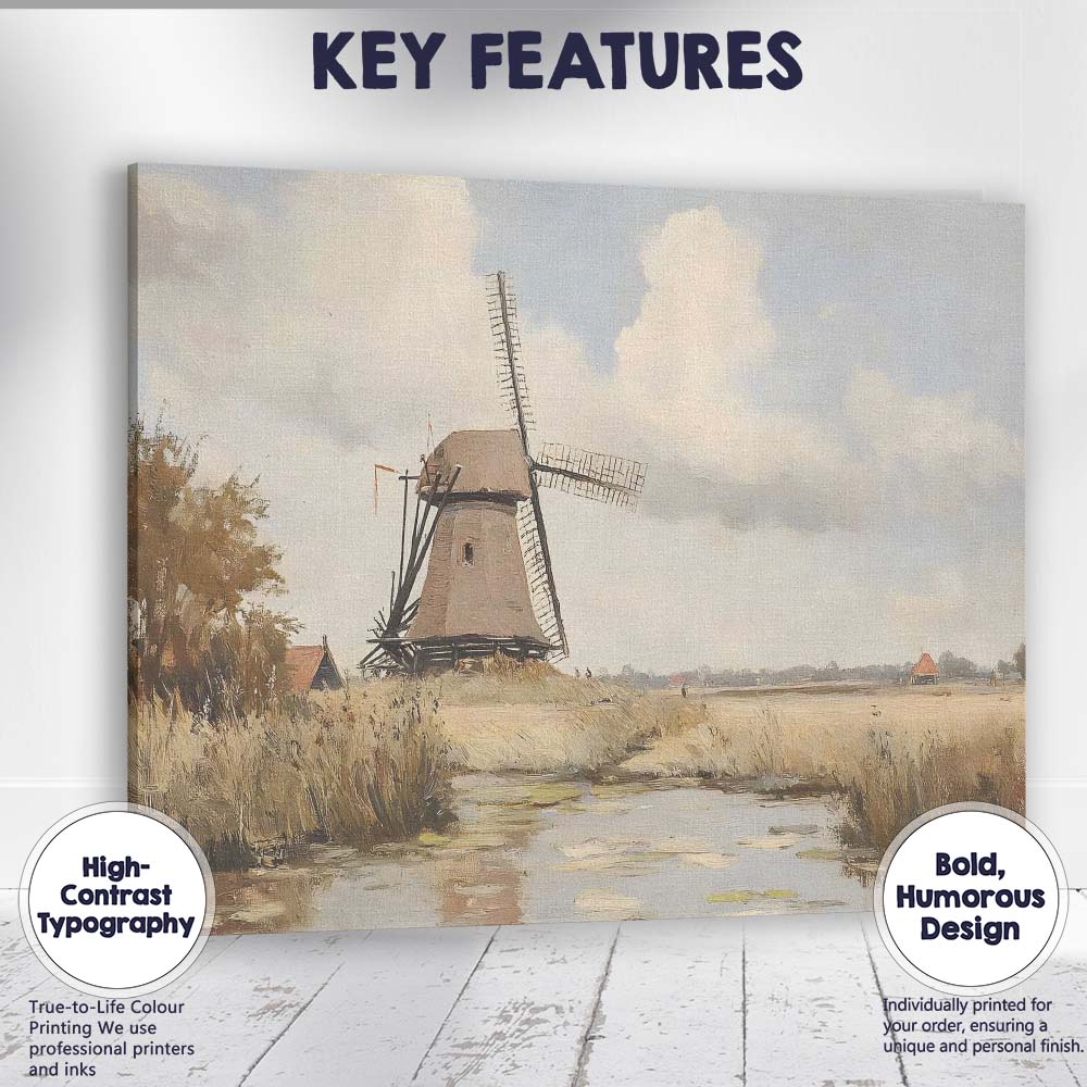 Traditional Dutch Windmill Riverside Countryside Watercolour Canvas Wall Art Print Decor Picture Ready to Hang