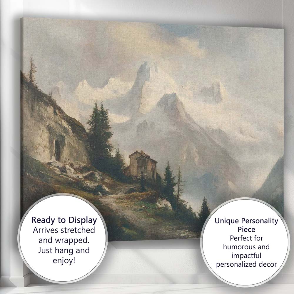 Majestic Snowy Alpine Mountain Cabin Landscape Canvas Wall Art Print Decor Picture Ready to Hang