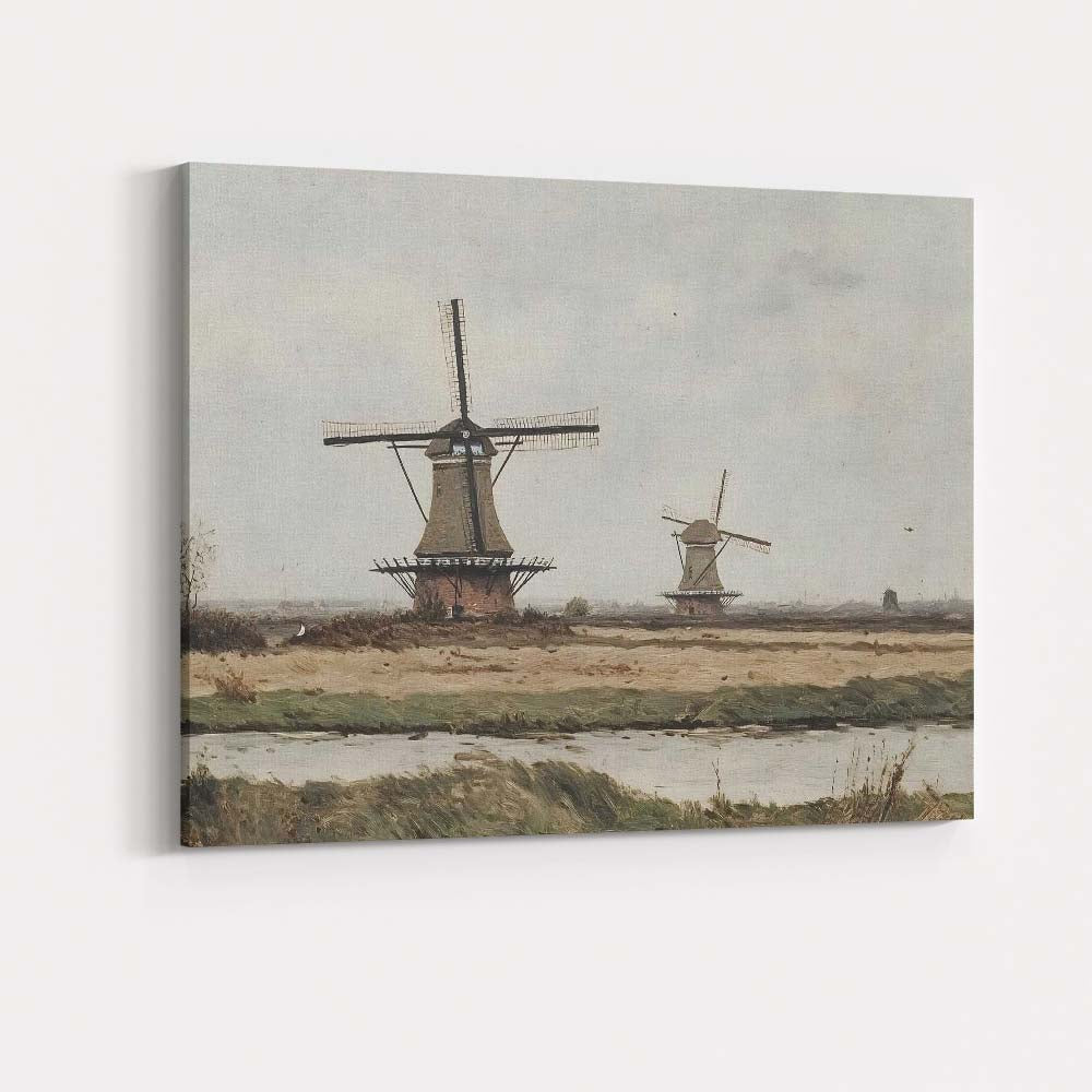 Traditional Dutch Windmills Riverside Rural Landscape Canvas Wall Art Print Decor Picture Ready to Hang