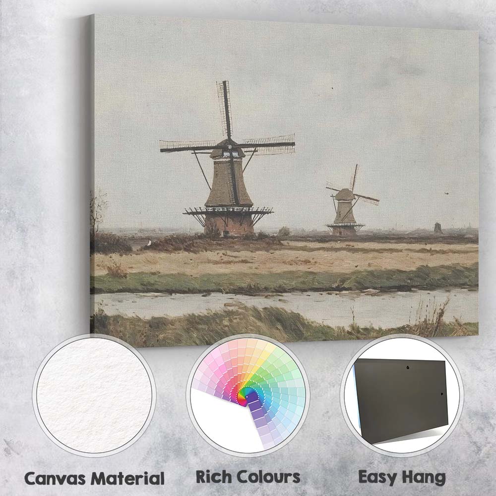Traditional Dutch Windmills Riverside Rural Landscape Canvas Wall Art Print Decor Picture Ready to Hang