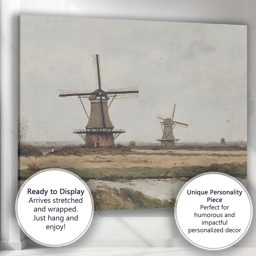 Traditional Dutch Windmills Riverside Rural Landscape Canvas Wall Art Print Decor Picture Ready to Hang
