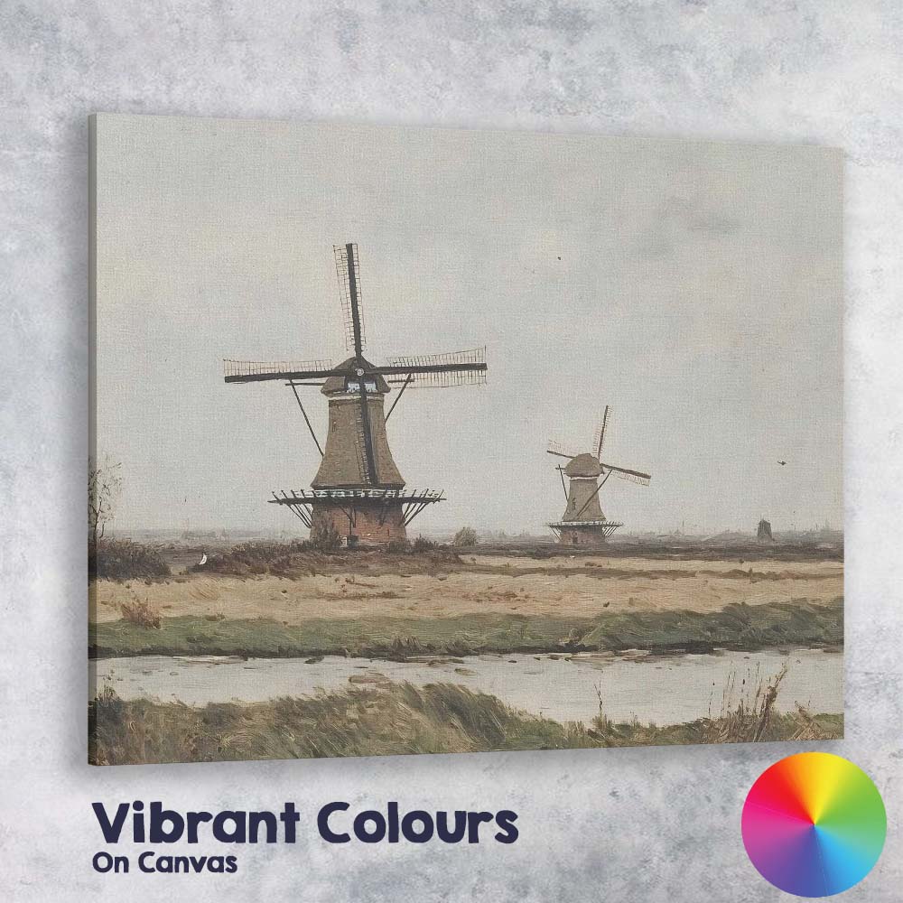 Traditional Dutch Windmills Riverside Rural Landscape Canvas Wall Art Print Decor Picture Ready to Hang