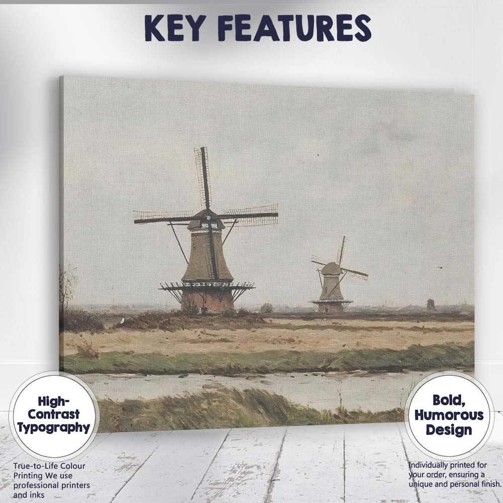 Traditional Dutch Windmills Riverside Rural Landscape Canvas Wall Art Print Decor Picture Ready to Hang