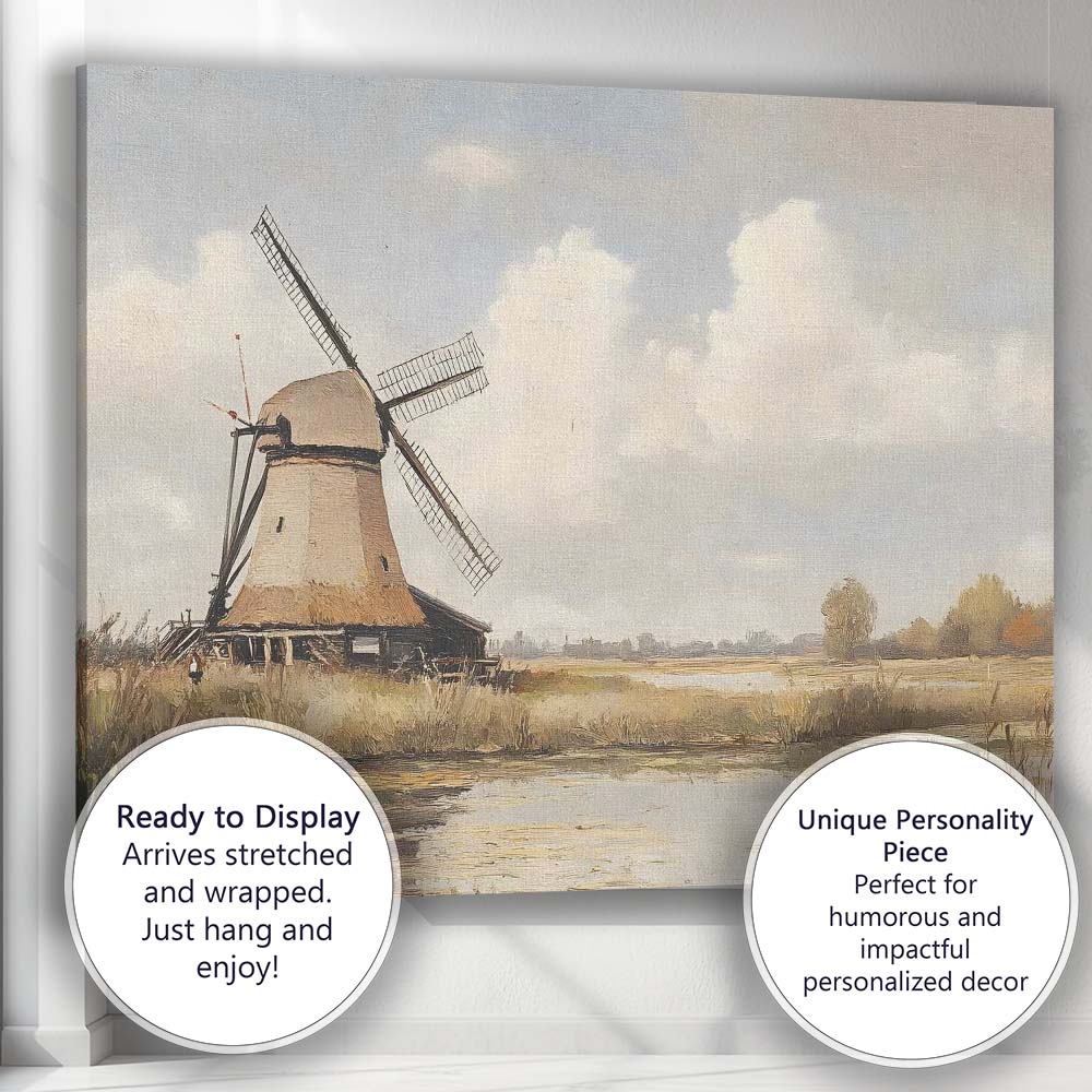 Traditional Countryside Windmill Waterside Landscape Painting Canvas Wall Art Print Decor Picture Ready to Hang