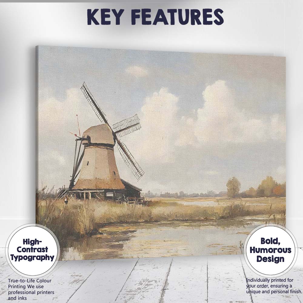 Traditional Countryside Windmill Waterside Landscape Painting Canvas Wall Art Print Decor Picture Ready to Hang