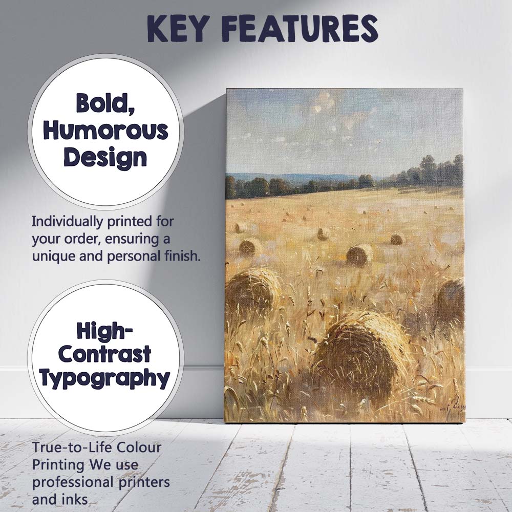 Golden Harvest Hay Bale Rural Field Impressionist Canvas Wall Art Print Decor Picture Ready to Hang