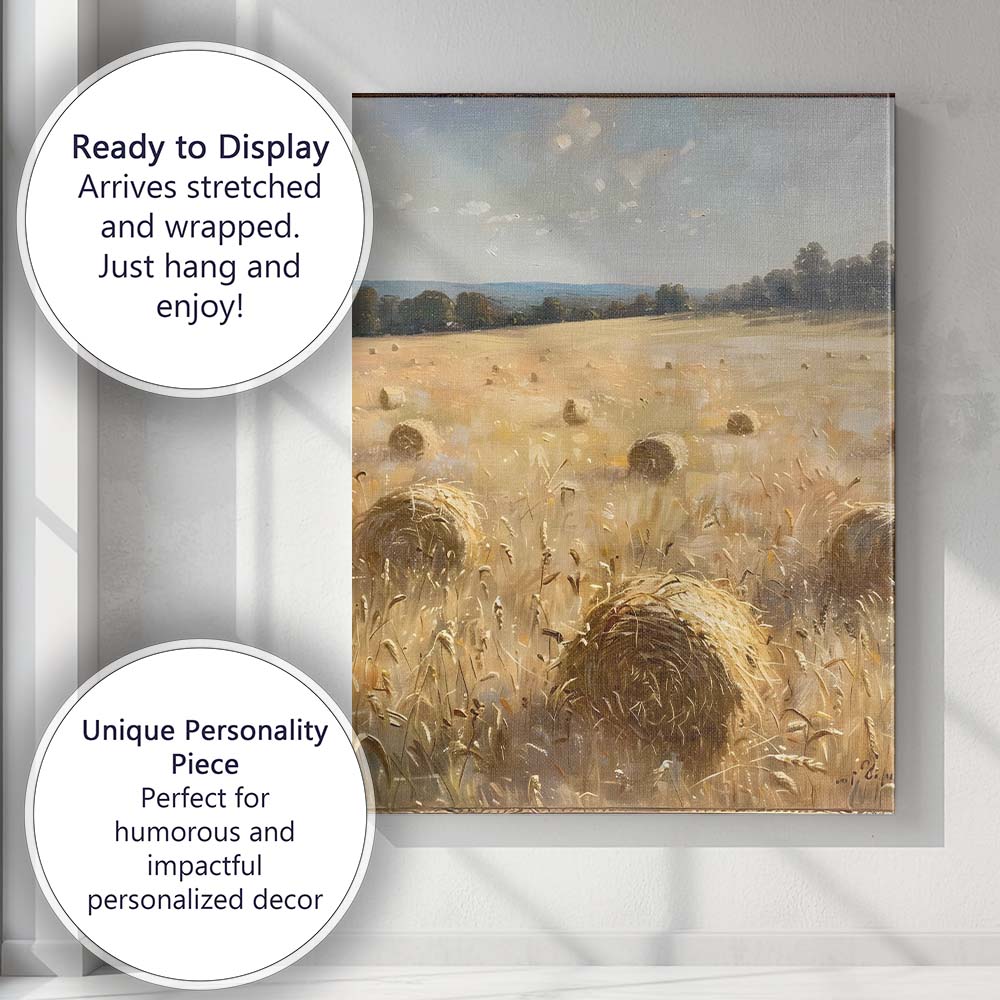 Golden Harvest Hay Bale Rural Field Impressionist Canvas Wall Art Print Decor Picture Ready to Hang