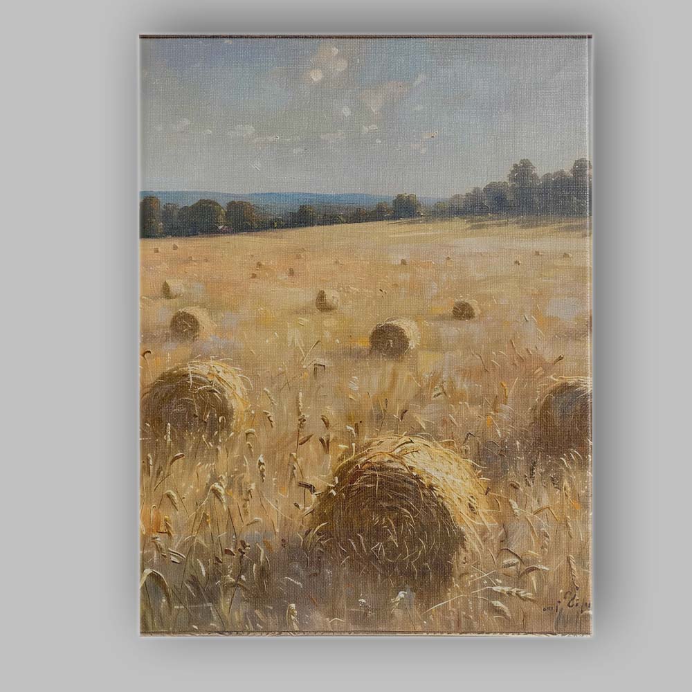 Golden Harvest Hay Bale Rural Field Impressionist Canvas Wall Art Print Decor Picture Ready to Hang