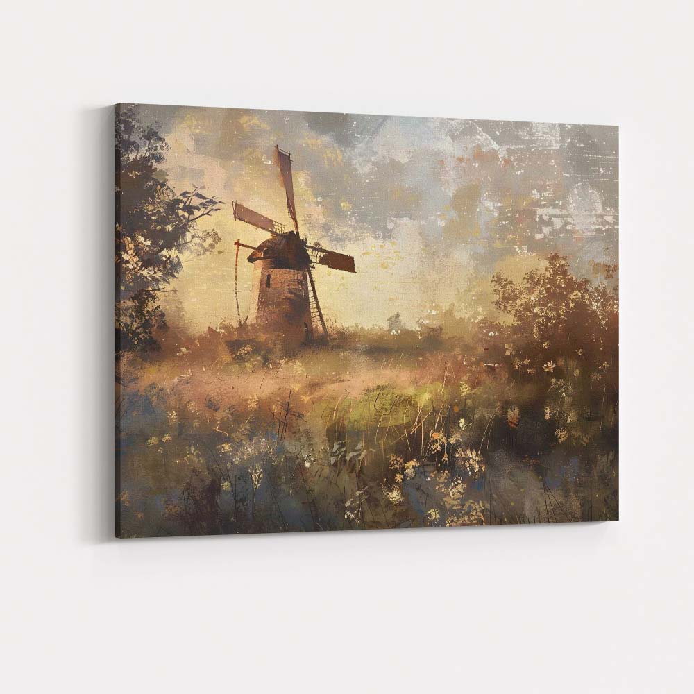 Rustic Windmill Wild Meadow Sunset Impressionist Landscape Canvas Wall Art Print Decor Picture Ready to Hang