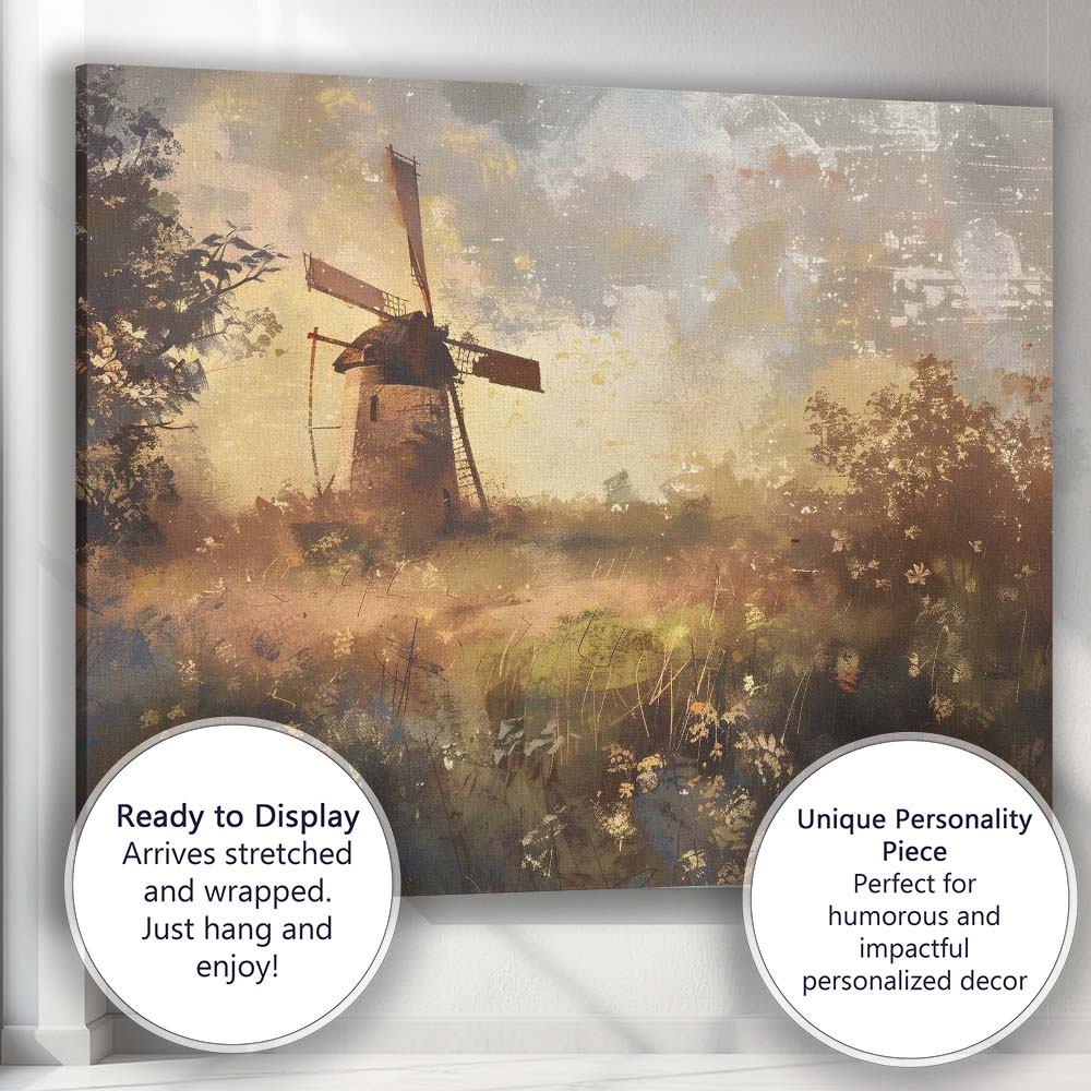 Rustic Windmill Wild Meadow Sunset Impressionist Landscape Canvas Wall Art Print Decor Picture Ready to Hang