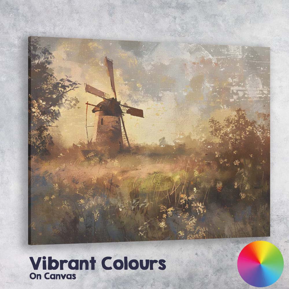 Rustic Windmill Wild Meadow Sunset Impressionist Landscape Canvas Wall Art Print Decor Picture Ready to Hang