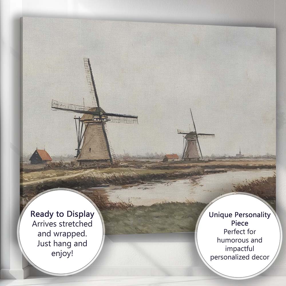 Rustic Dutch Windmill Riverside Countryside Landscape Painting Canvas Wall Art Print Decor Picture Ready to Hang