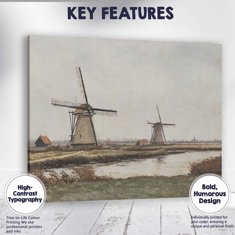 Rustic Dutch Windmill Riverside Countryside Landscape Painting Canvas Wall Art Print Decor Picture Ready to Hang