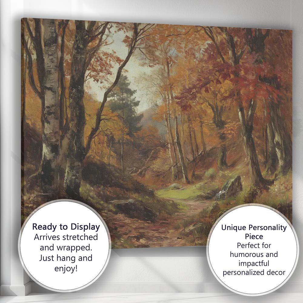 Autumn Woodland Trail Forest Landscape Painting Canvas Wall Art Print Decor Picture Ready to Hang