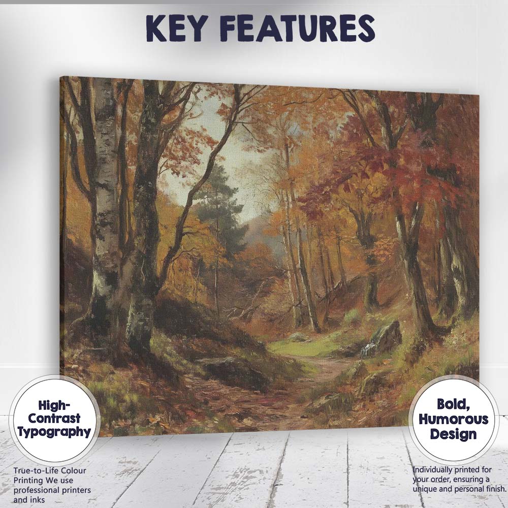 Autumn Woodland Trail Forest Landscape Painting Canvas Wall Art Print Decor Picture Ready to Hang