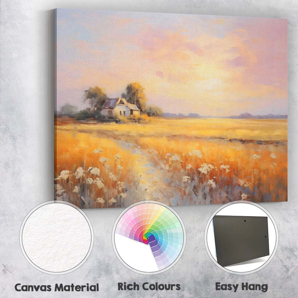 Pastel Sunset Farmhouse Golden Field Rural Landscape Canvas Wall Art Print Decor Picture Ready to Hang