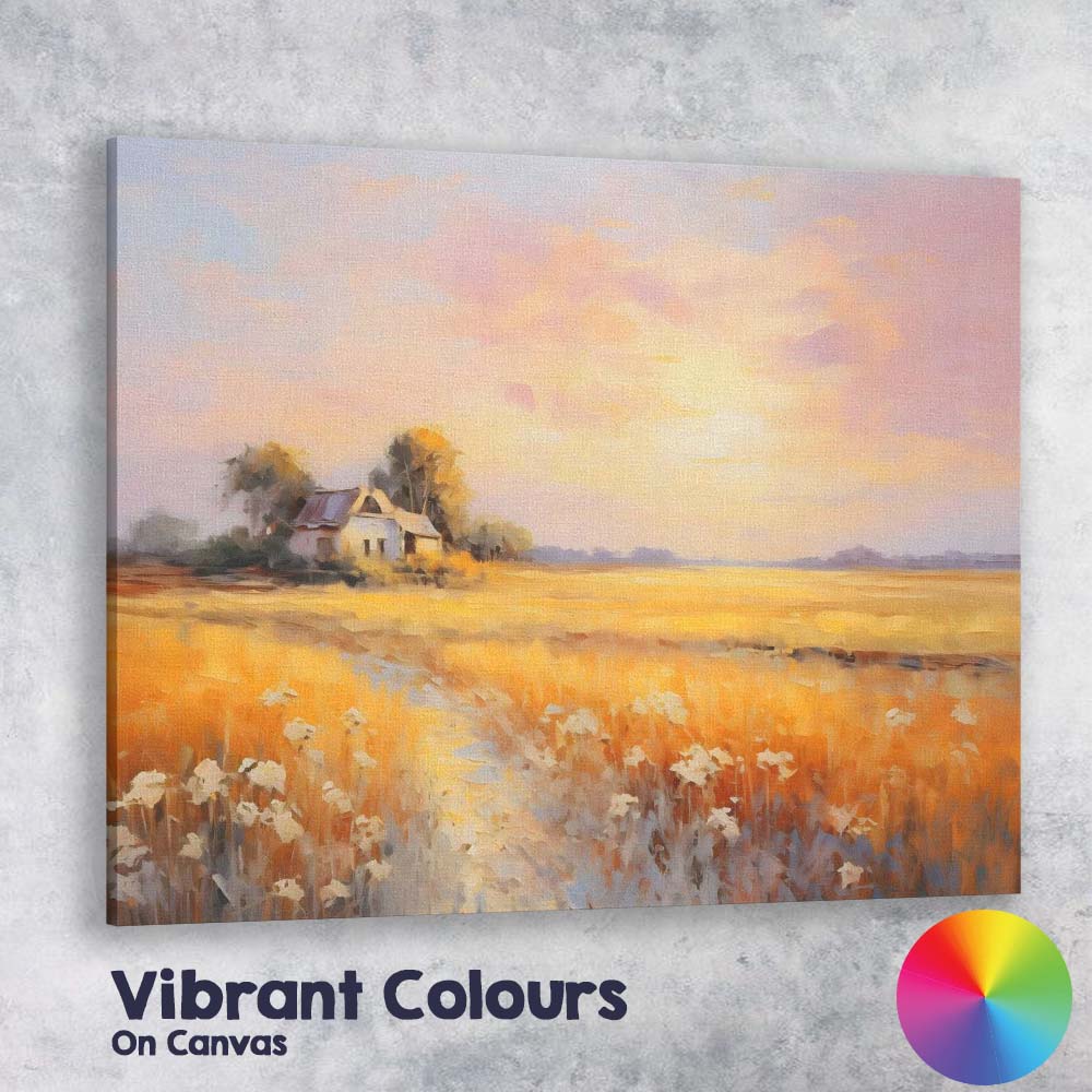 Pastel Sunset Farmhouse Golden Field Rural Landscape Canvas Wall Art Print Decor Picture Ready to Hang