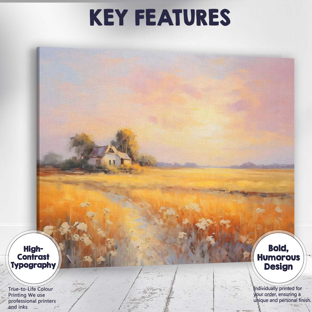 Pastel Sunset Farmhouse Golden Field Rural Landscape Canvas Wall Art Print Decor Picture Ready to Hang