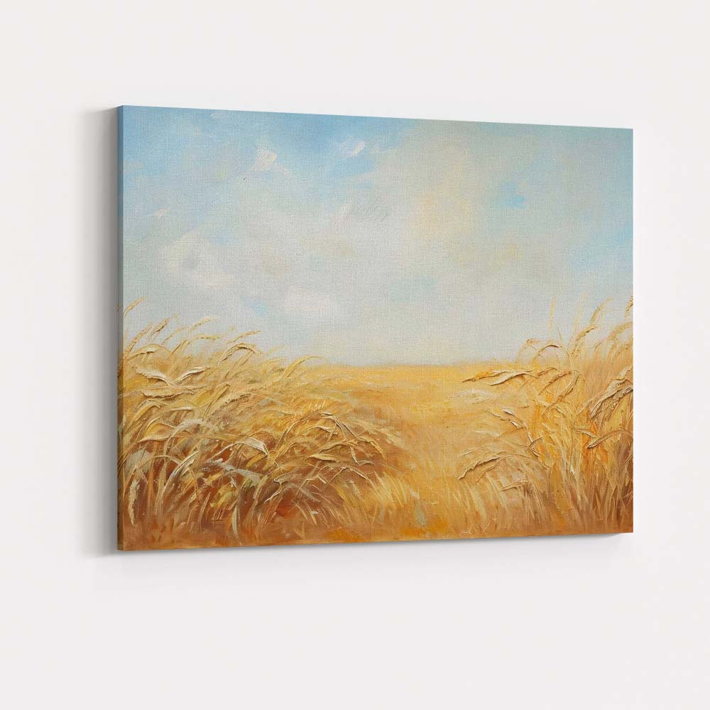 Minimalist Golden Barley Field Under Pale Blue Sky Canvas Wall Art Print Decor Picture Ready to Hang