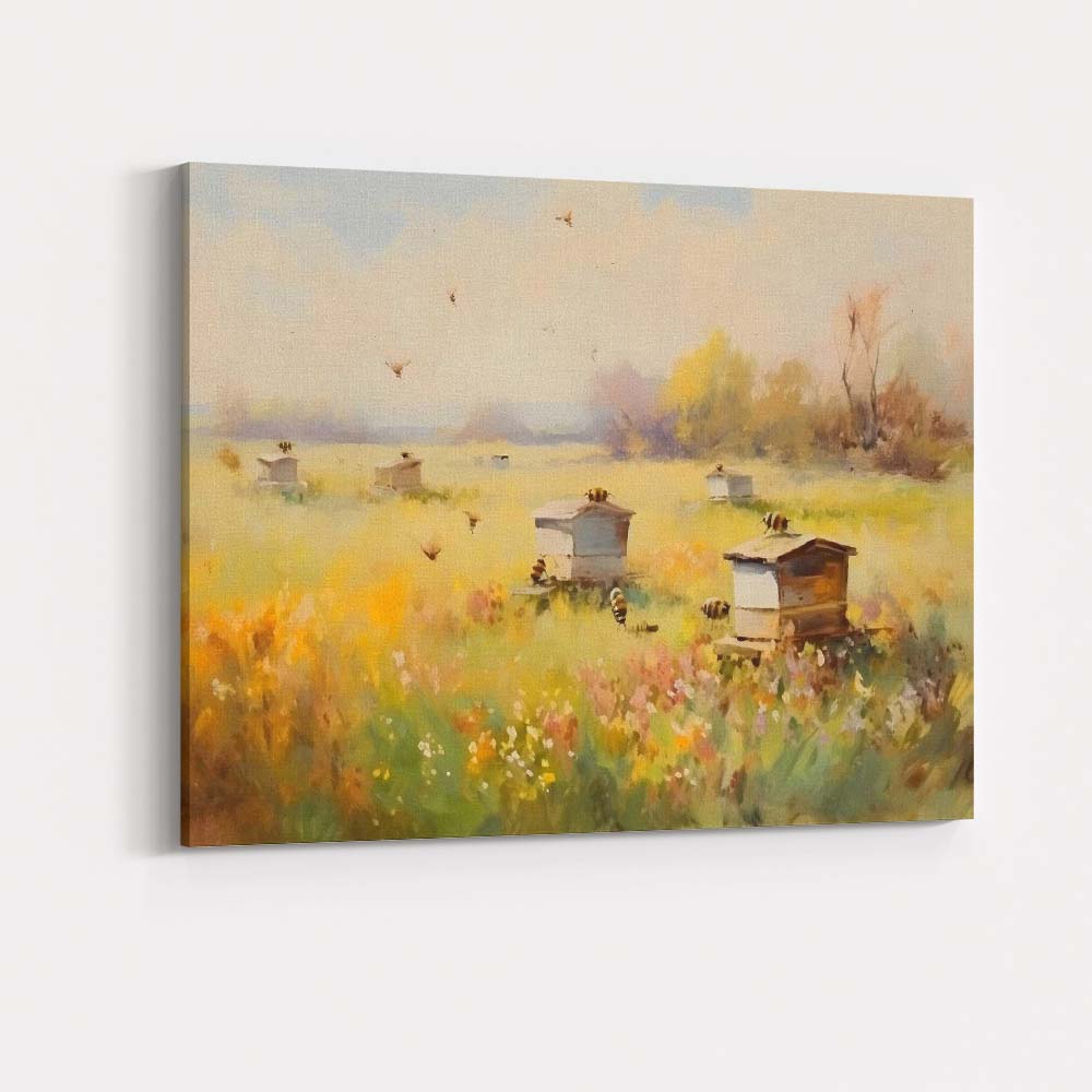 Wildflower Meadow Beehives Countryside Impressionist Canvas Wall Art Print Decor Picture Ready to Hang