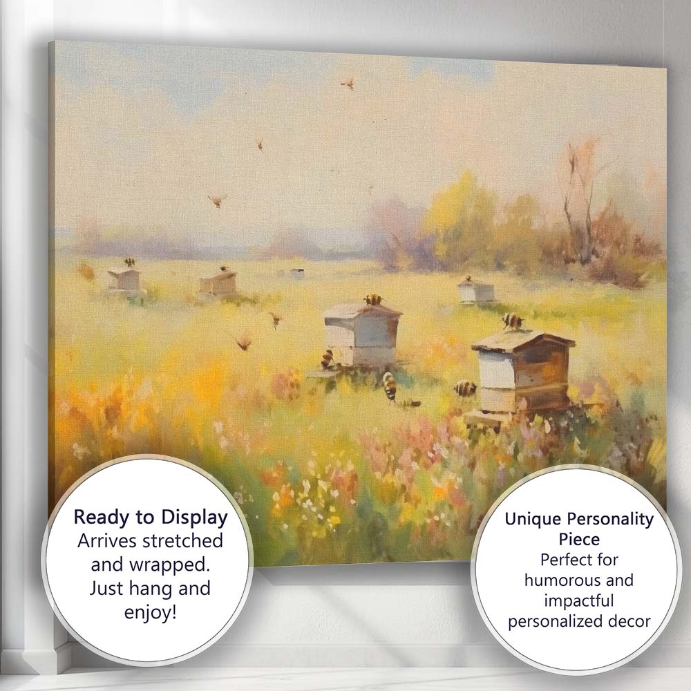 Wildflower Meadow Beehives Countryside Impressionist Canvas Wall Art Print Decor Picture Ready to Hang