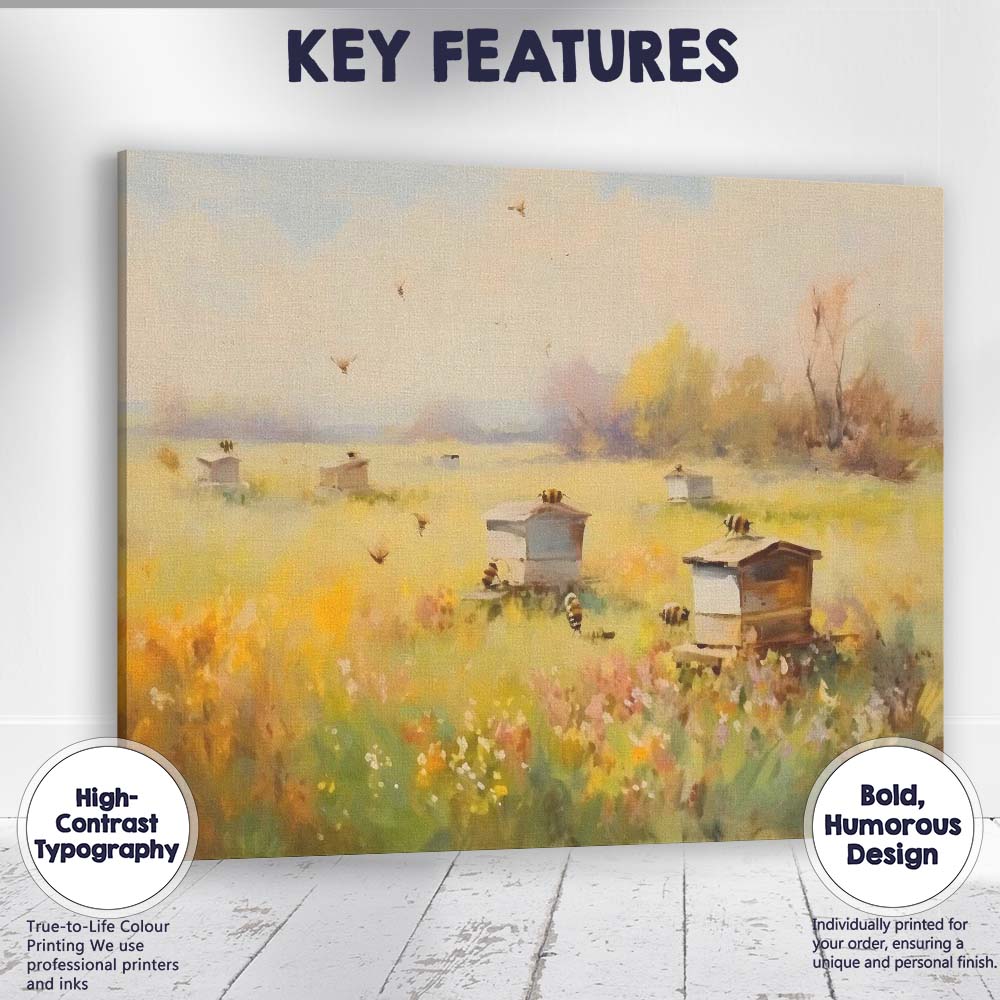 Wildflower Meadow Beehives Countryside Impressionist Canvas Wall Art Print Decor Picture Ready to Hang